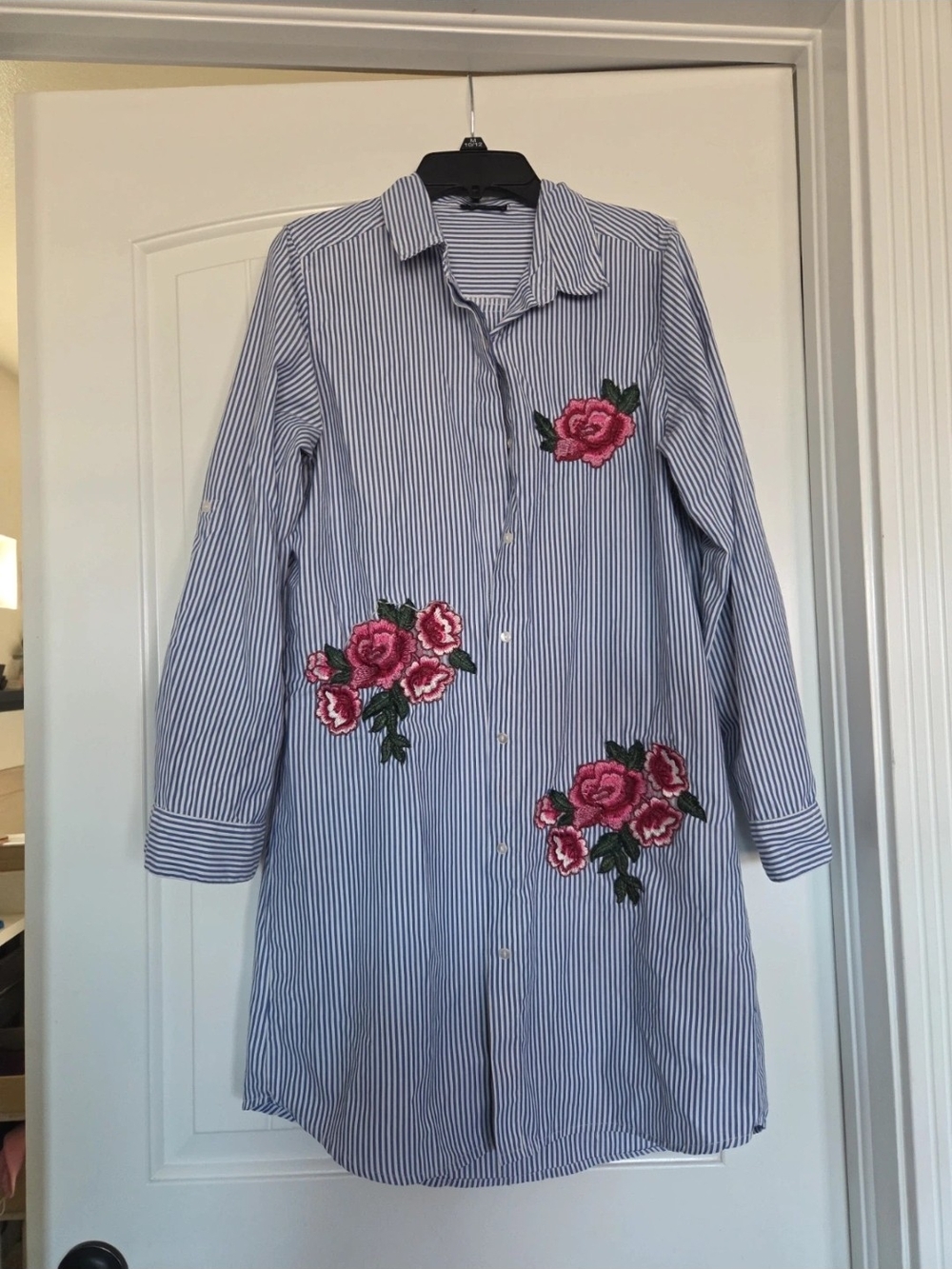 Blue & White Striped Embroidered Rose Shirt Jacket